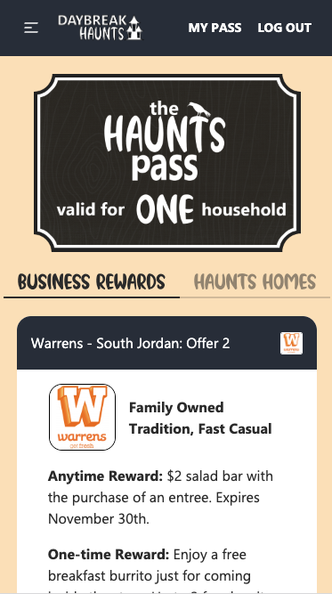 Digital Haunts Pass showing business rewards and perks