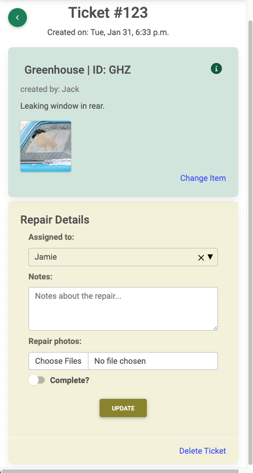 gFix ticket detail view with repair assignment and photo upload