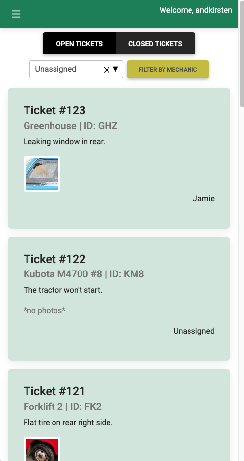 gFix open tickets dashboard with assignment and filtering